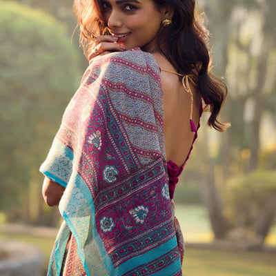 Grey Printed Mulmul Cotton Saree With Jacquard Border