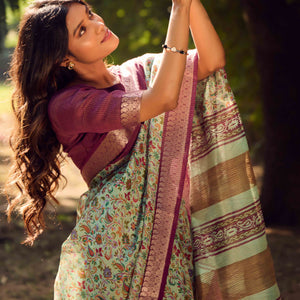 Mint Green Printed Mulmul Cotton Saree With Jacquard Border