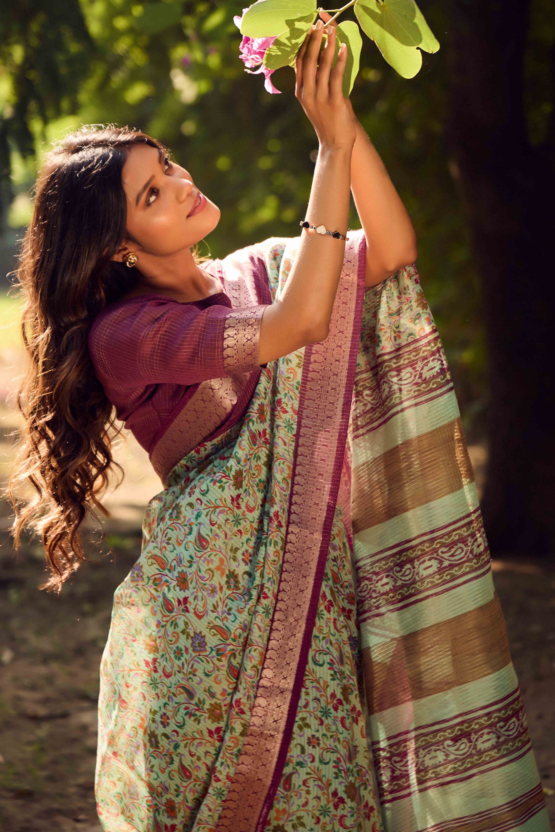 Mint Green Printed Mulmul Cotton Saree With Jacquard Border