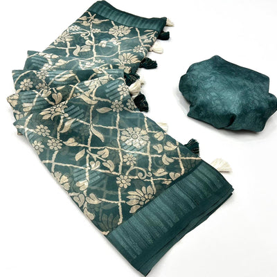 Deep Sea Green Floral Foil Printed Georgette Saree With Tassels