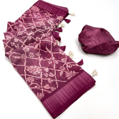 Dark Mauve Floral Foil Printed Georgette Saree With Tassels