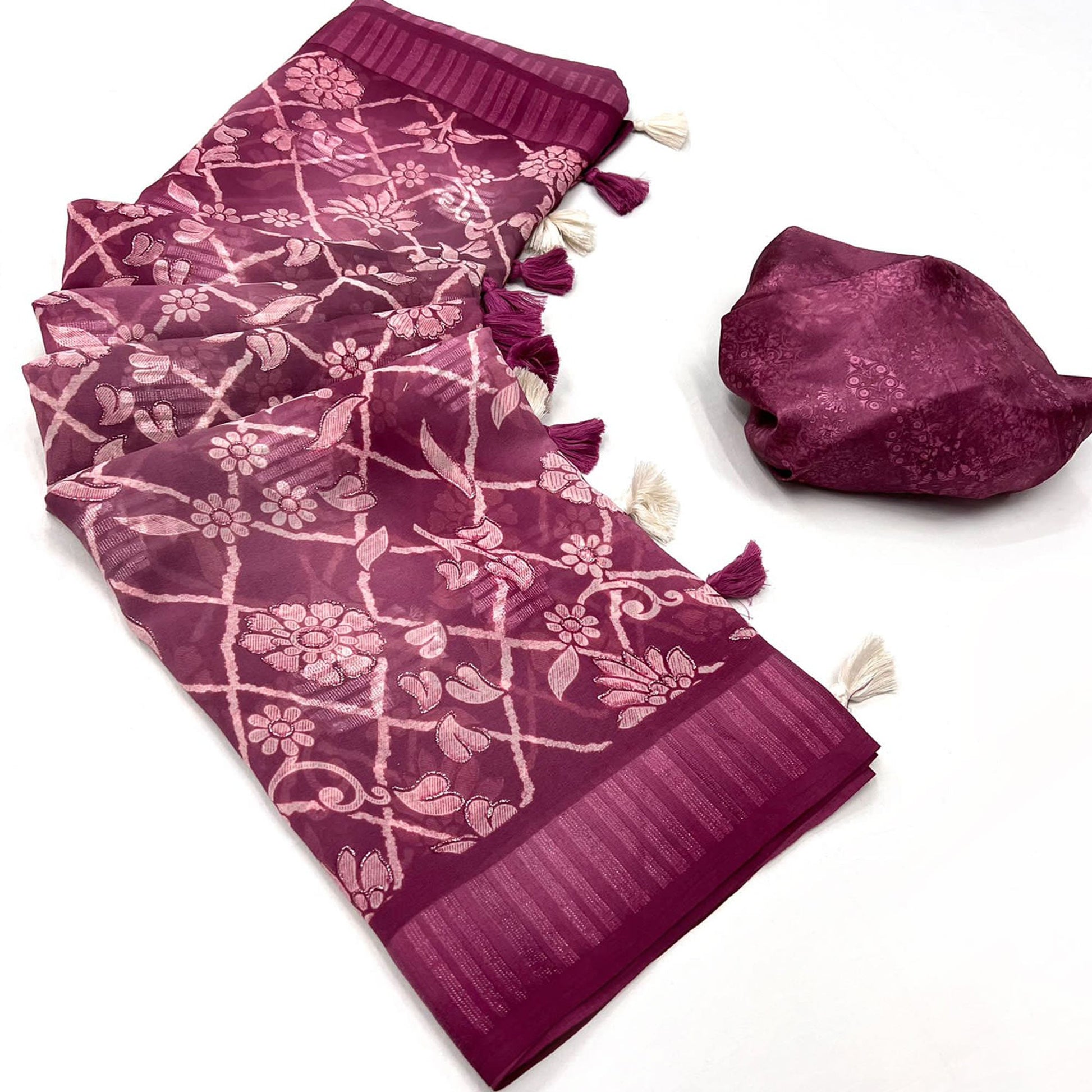 Dark Mauve Floral Foil Printed Georgette Saree With Tassels