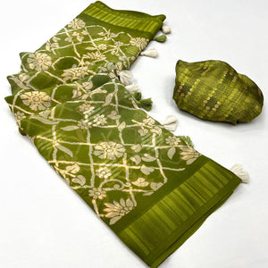 green-floral-foil-printed-georgette-saree-with-tassels