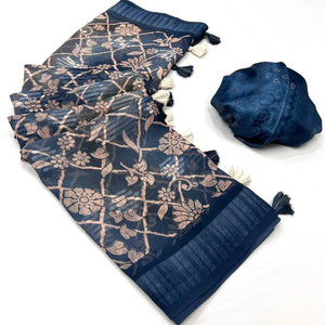 Bluish Grey Floral Foil Printed Georgette Saree With Tassels