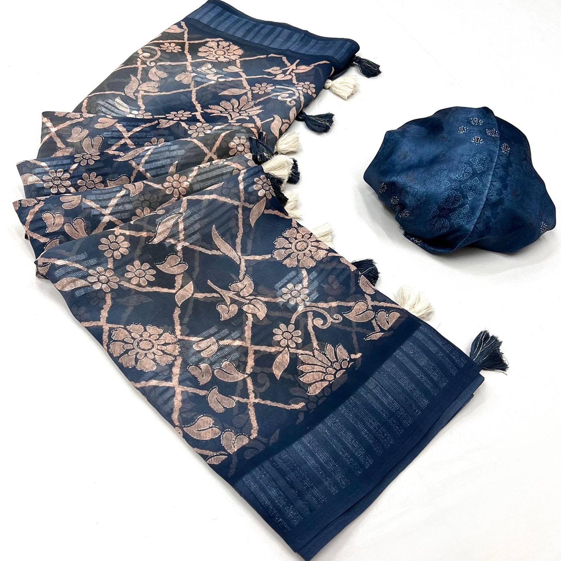 Bluish Grey Floral Foil Printed Georgette Saree With Tassels