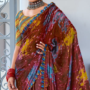 Dark Brown Printed Satin Saree With Frill Border