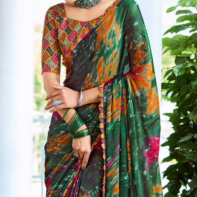 Bottle Green Printed Satin Saree With Frill Border
