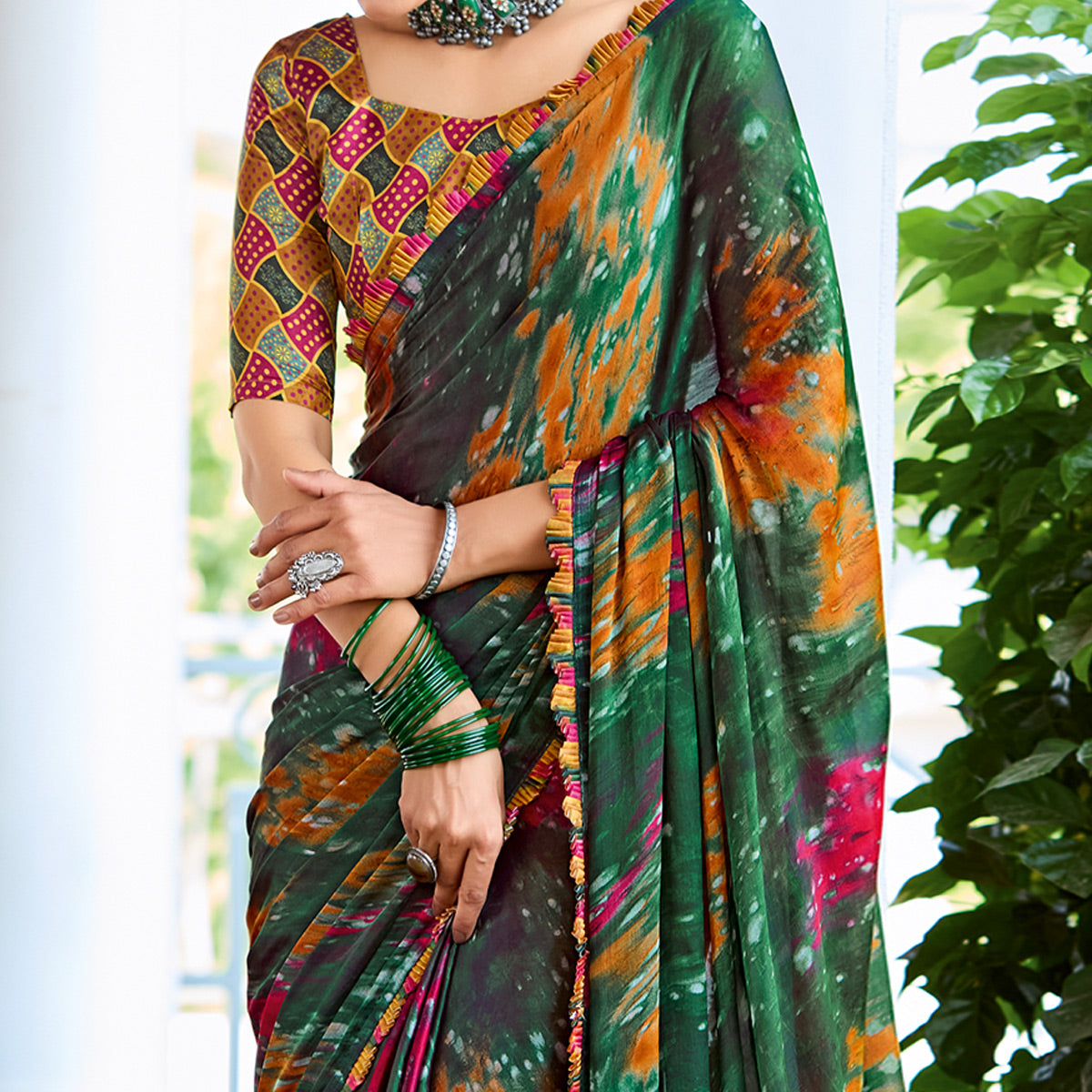 Bottle Green Printed Satin Saree With Frill Border