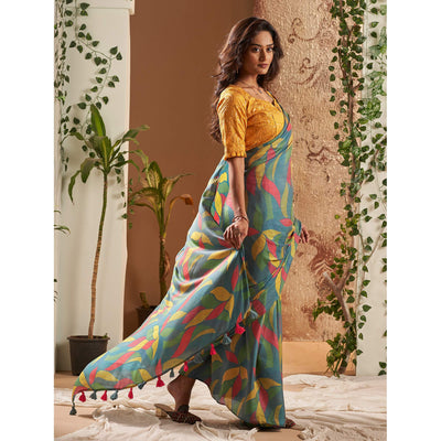 Bluish Grey Printed Nylon Saree With Tassels