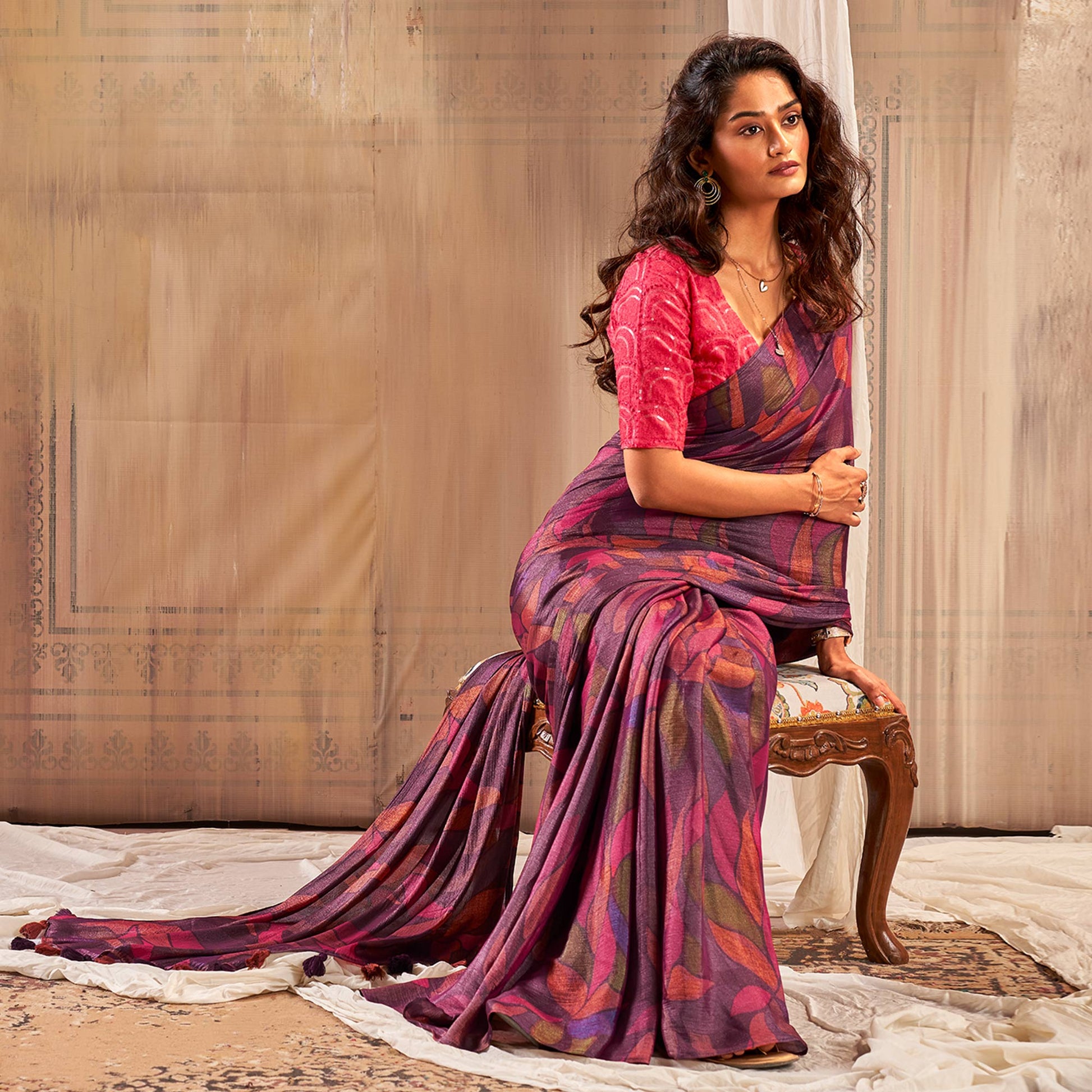 Magenta Printed Nylon Saree With Tassels