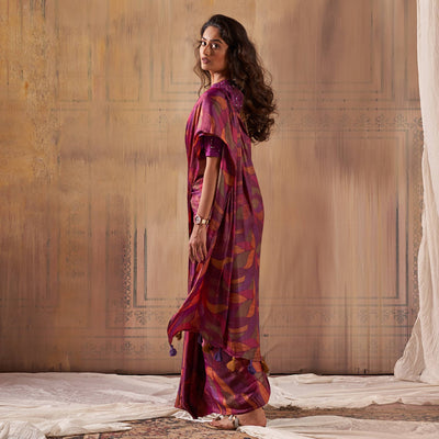 Magenta Printed Nylon Saree With Tassels