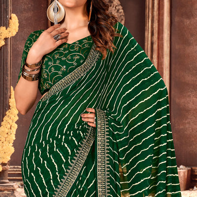 Bottle Green Striped Printed Georgette Saree