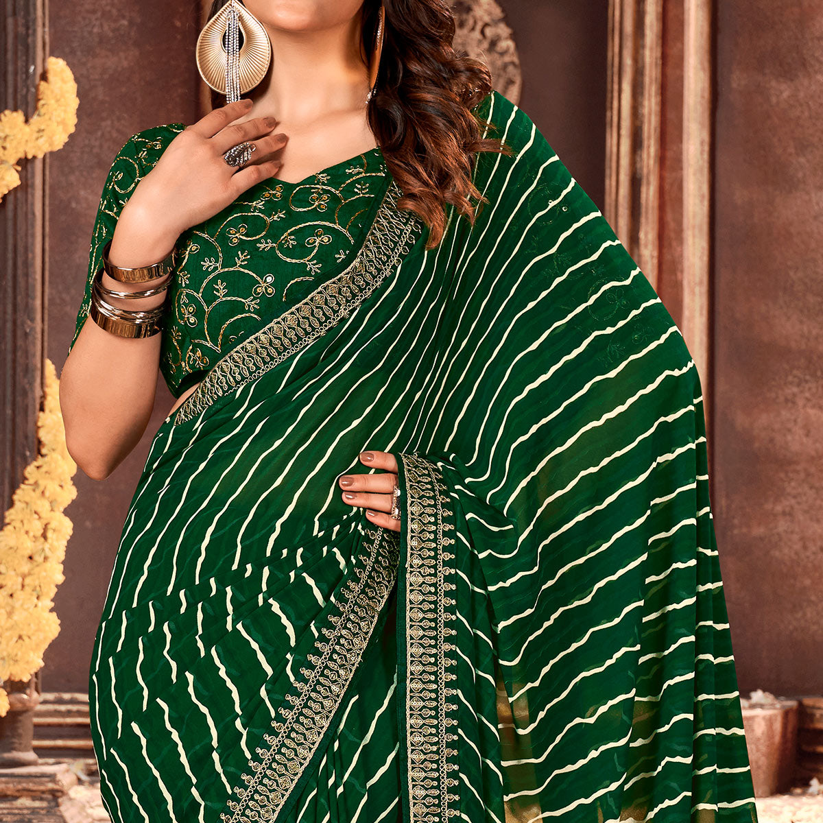 Bottle Green Striped Printed Georgette Saree