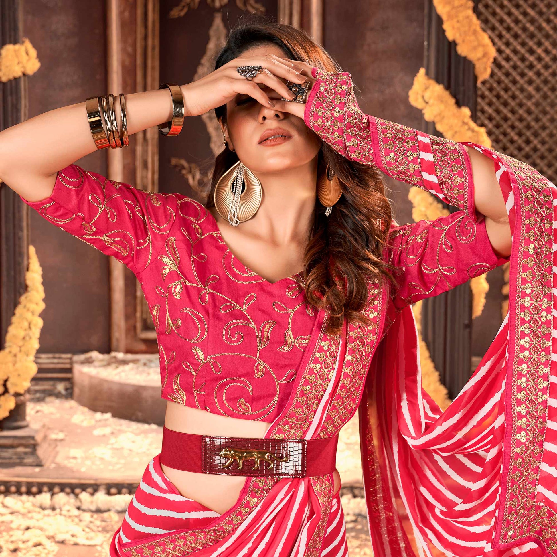 Gajri Pink Striped Printed Georgette Saree