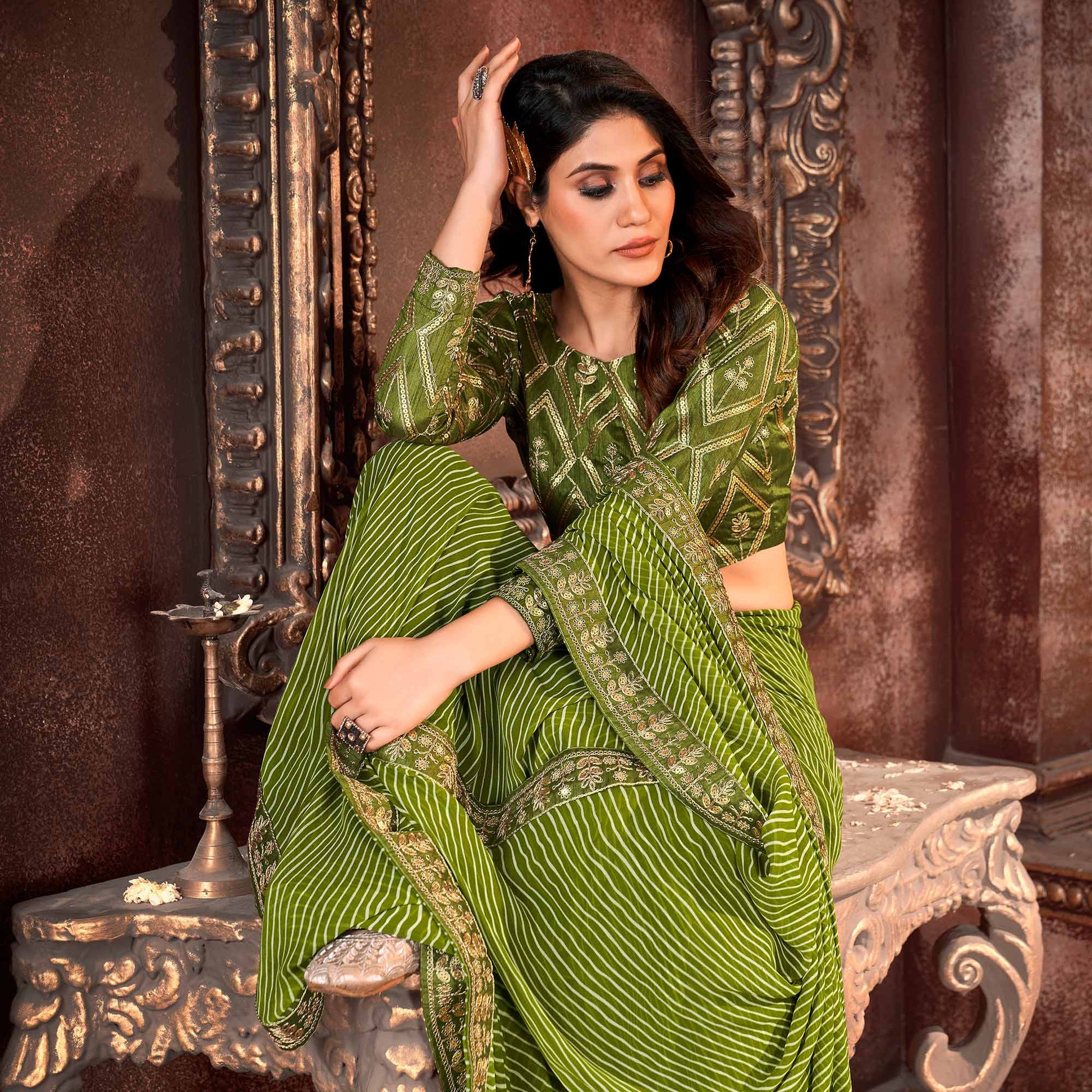 green-striped-printed-georgette-saree-2