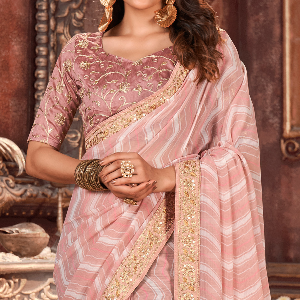Mauve Striped Printed Georgette Saree