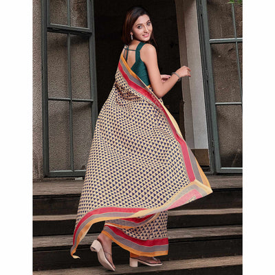 Cream Geometric Printed Cotton Blend Saree