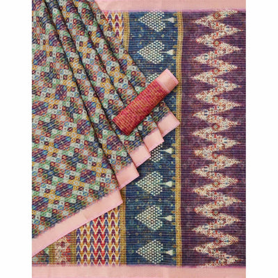 Multicolor Digital Printed Linen Saree