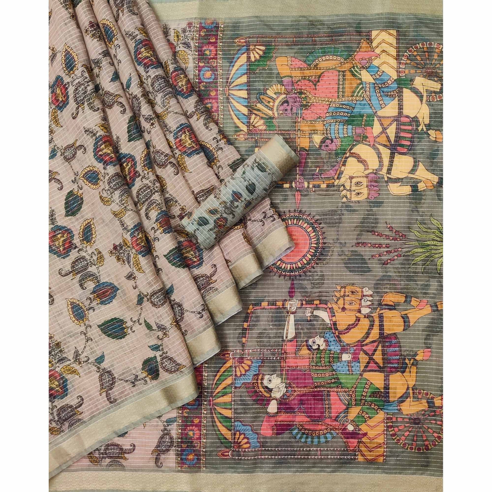 Brown Digital Printed Linen Saree