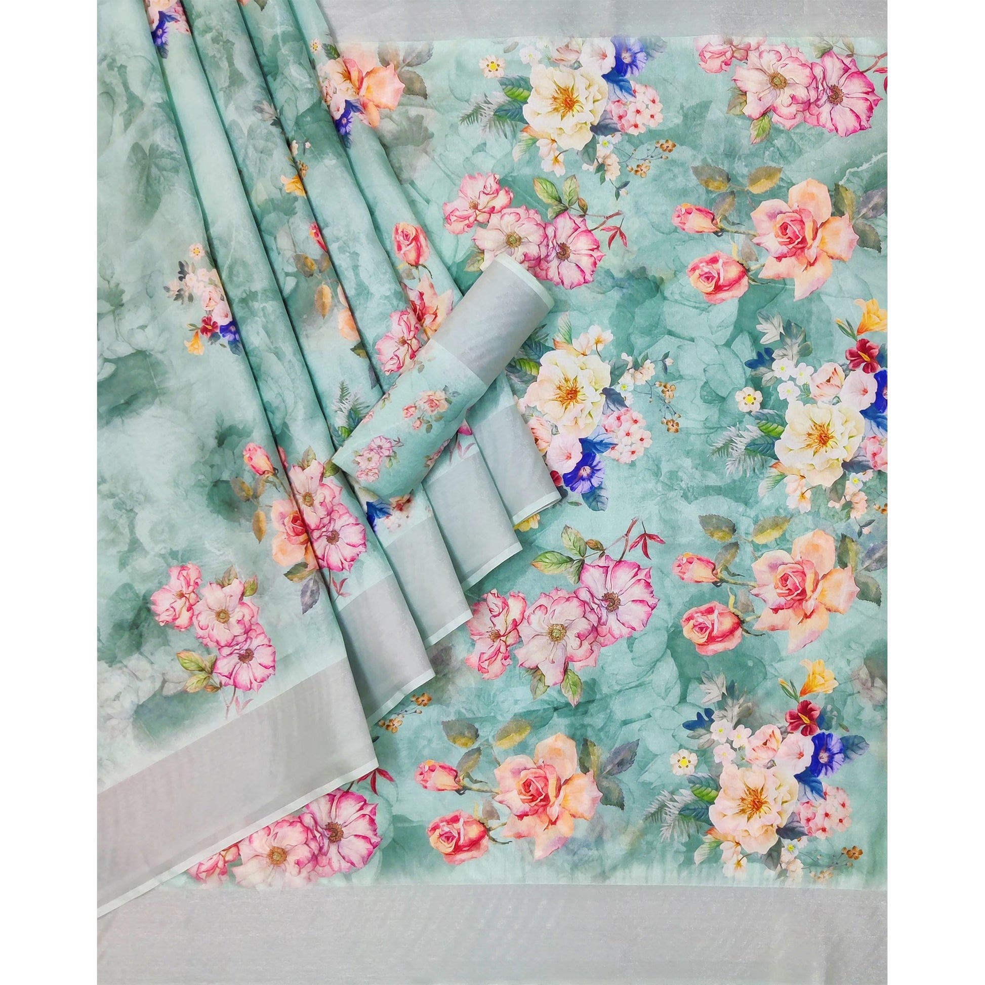 Mint Green Floral Digital Printed Cotton Silk Saree