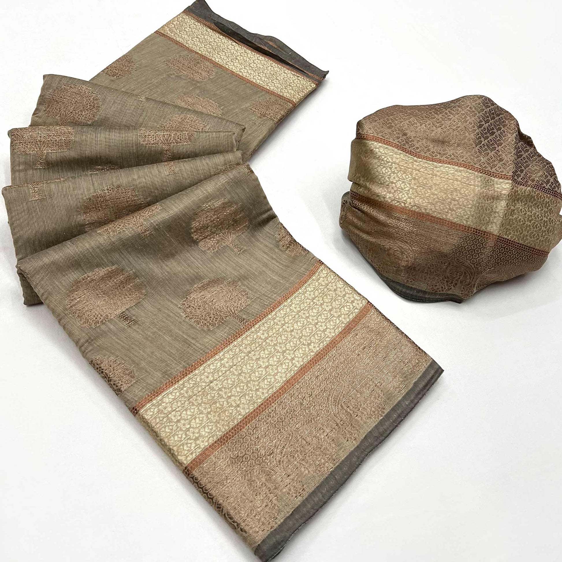 Brown Floral Woven Pure Cotton Saree