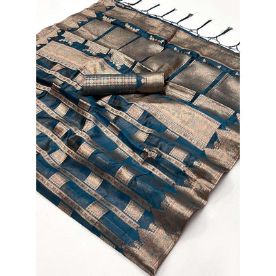 Blue Woven Cotton Blend Saree With Tassels