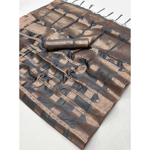Grey Woven Cotton Blend Saree With Tassels