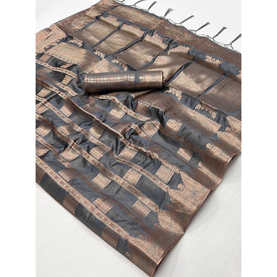 Grey Woven Cotton Blend Saree With Tassels