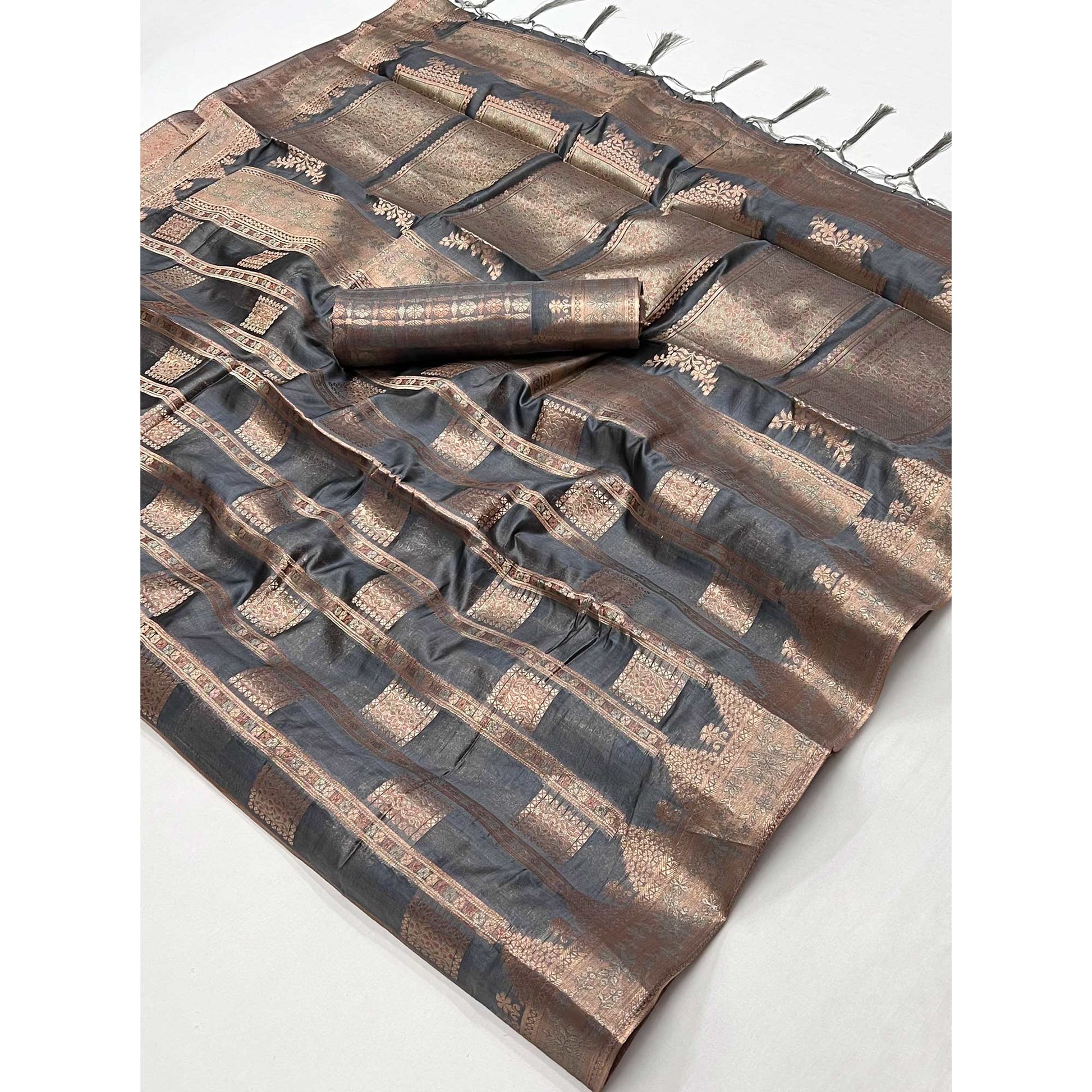 Grey Woven Cotton Blend Saree With Tassels