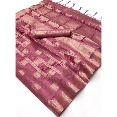 Mauve  Woven Cotton Blend Saree With Tassels