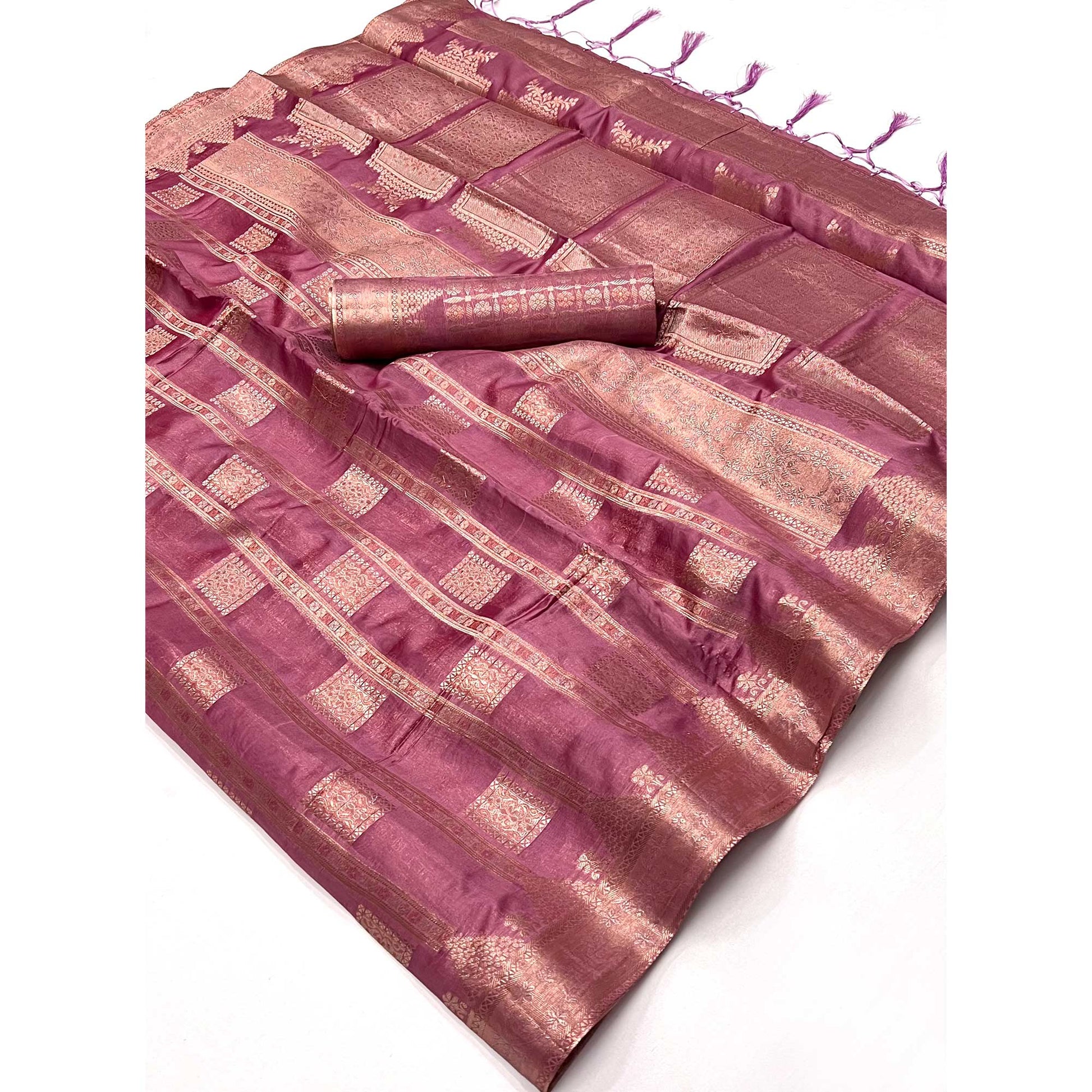 Mauve  Woven Cotton Blend Saree With Tassels