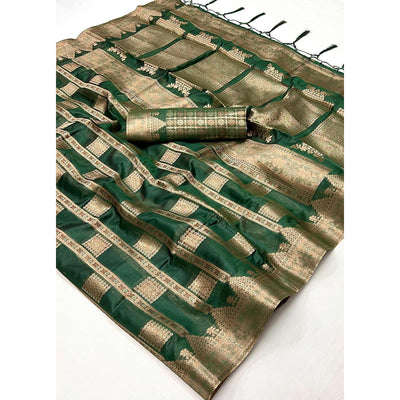 green-woven-cotton-blend-saree-with-tassels