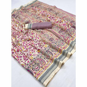 Cream & Pink Floral Printed Pashmina Saree