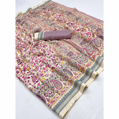 Cream & Pink Floral Printed Pashmina Saree