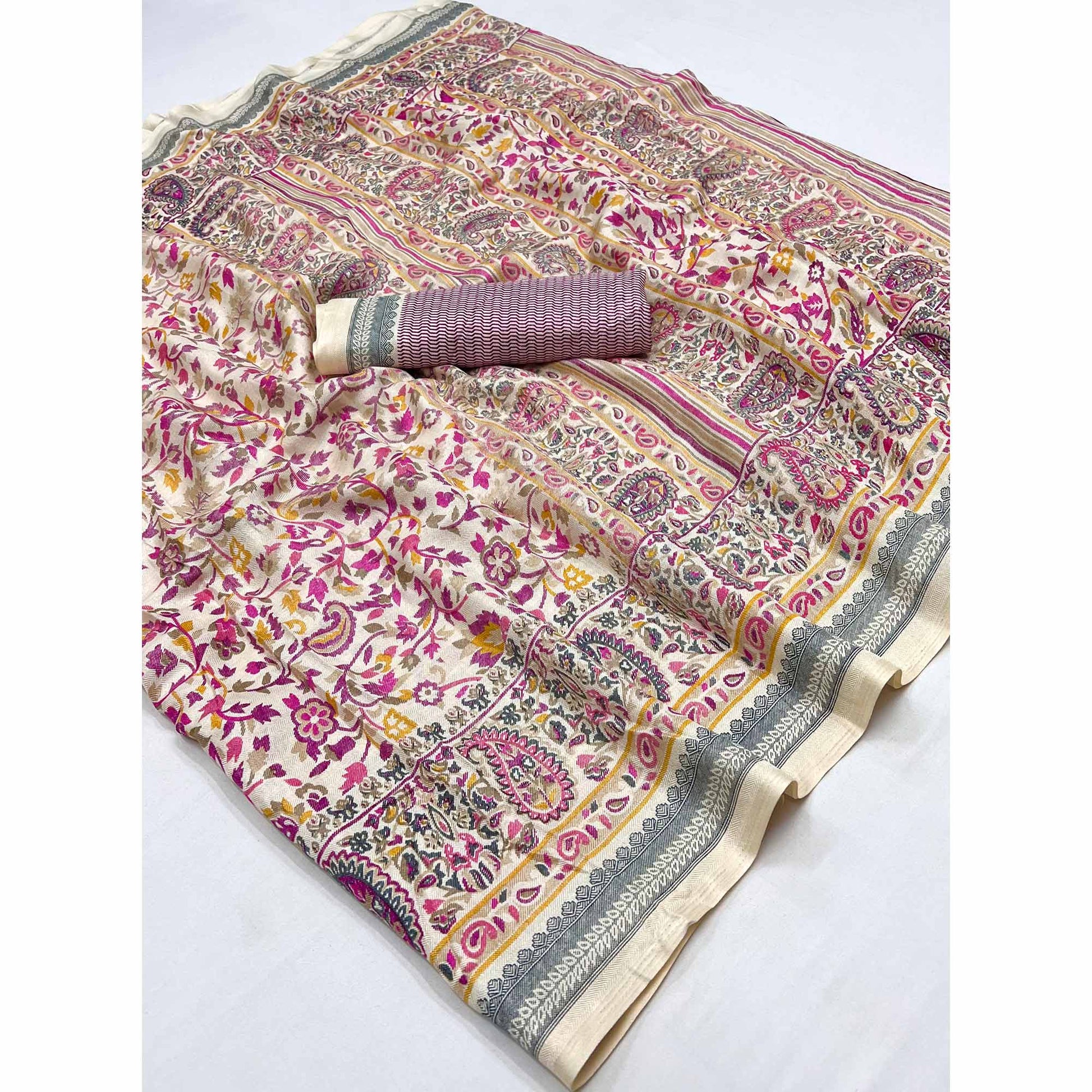 Cream & Pink Floral Printed Pashmina Saree