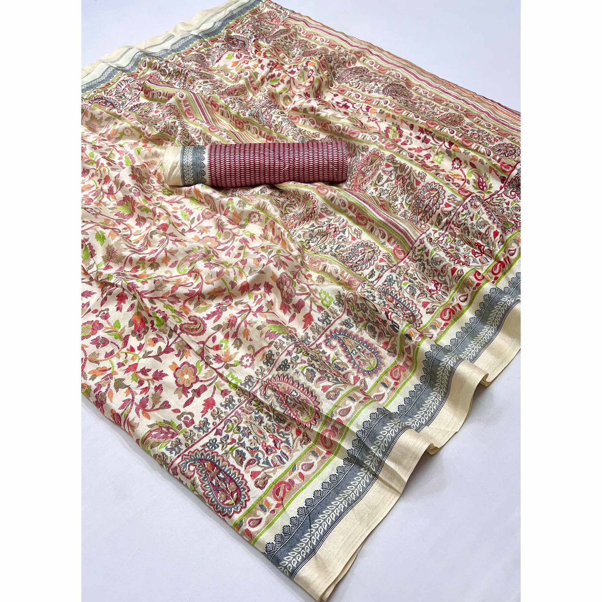 Cream & Red Floral Printed Pashmina Saree