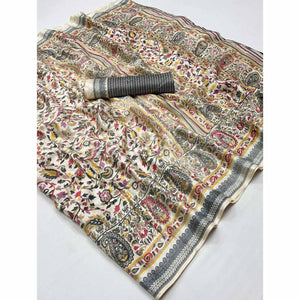 Cream & Grey Floral Printed Pashmina Saree