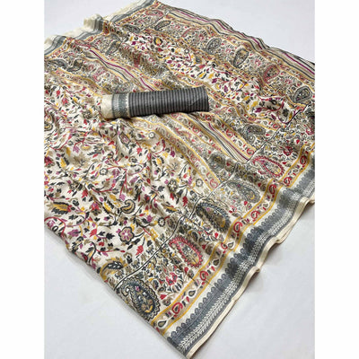 Cream & Grey Floral Printed Pashmina Saree