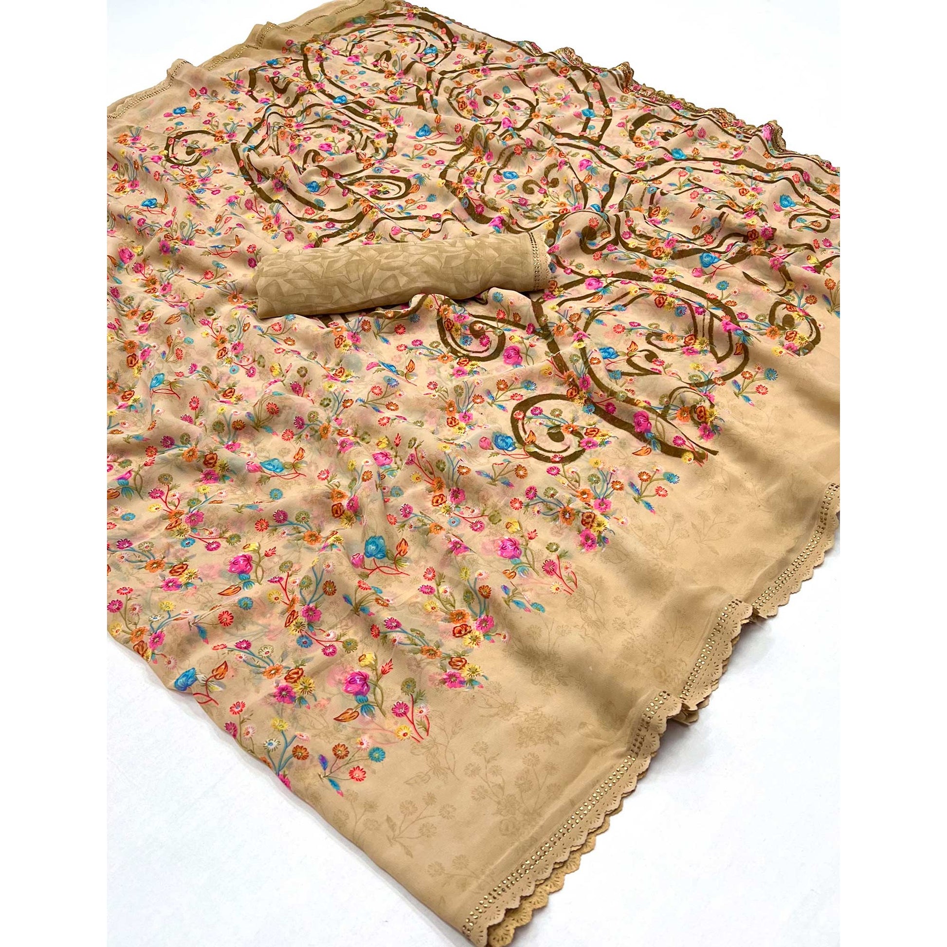 Chikoo Floral Printed Georgette Saree