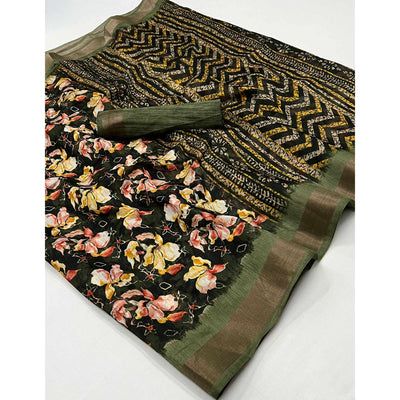 green-floral-printed-cotton-blend-saree