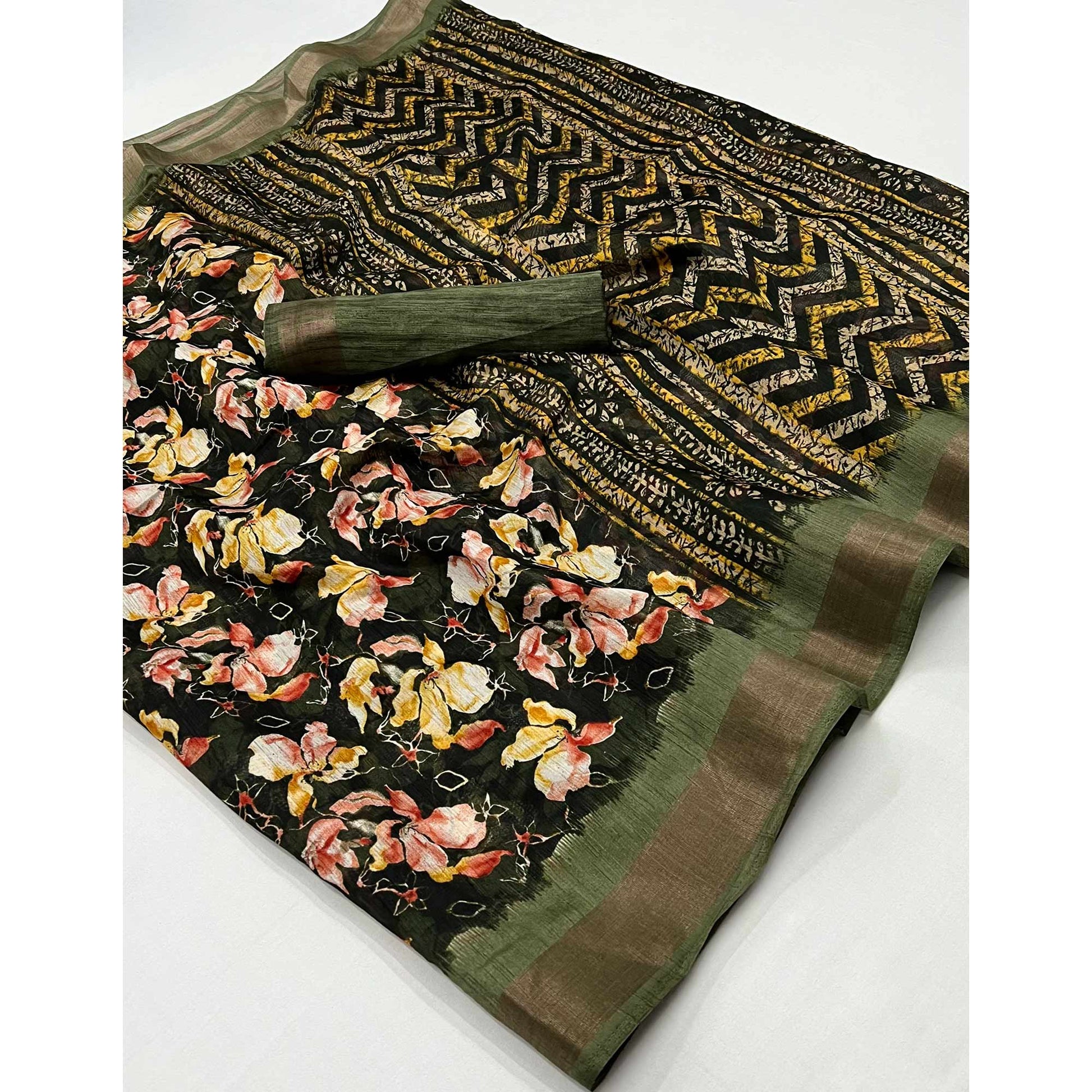 green-floral-printed-cotton-blend-saree
