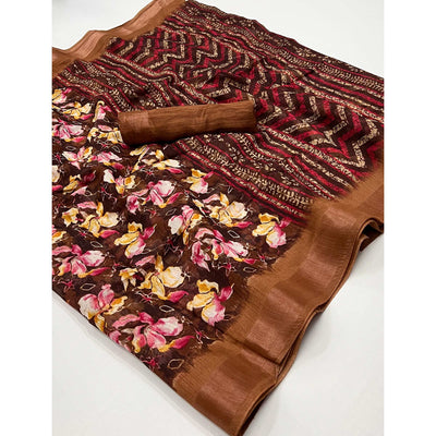 Brown Floral Printed Cotton Blend Saree
