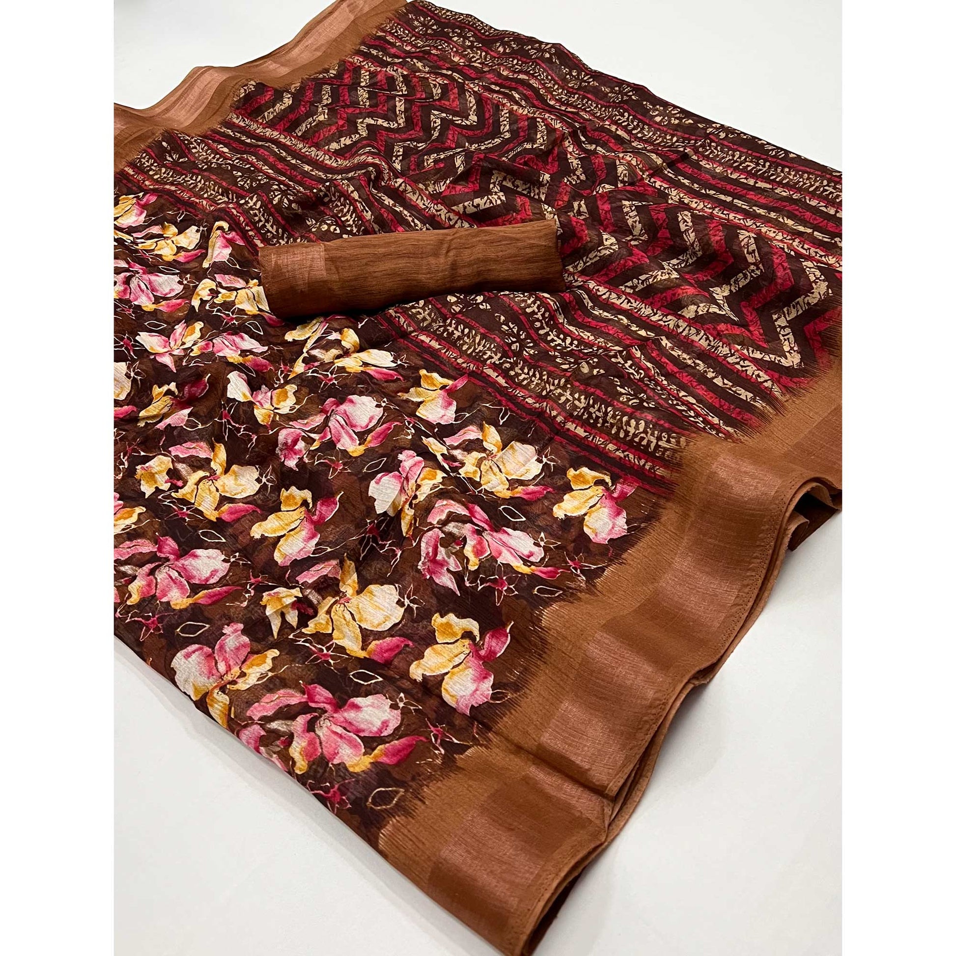 Brown Floral Printed Cotton Blend Saree
