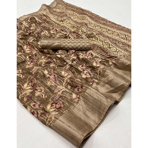 Chikoo Printed With Woven Border Cotton Blend Saree