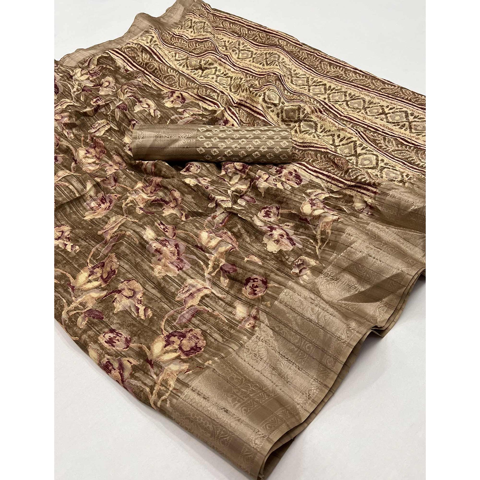 Chikoo Printed With Woven Border Cotton Blend Saree