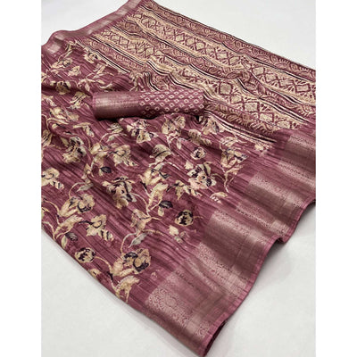 Mauve Printed With Woven Border Cotton Blend Saree