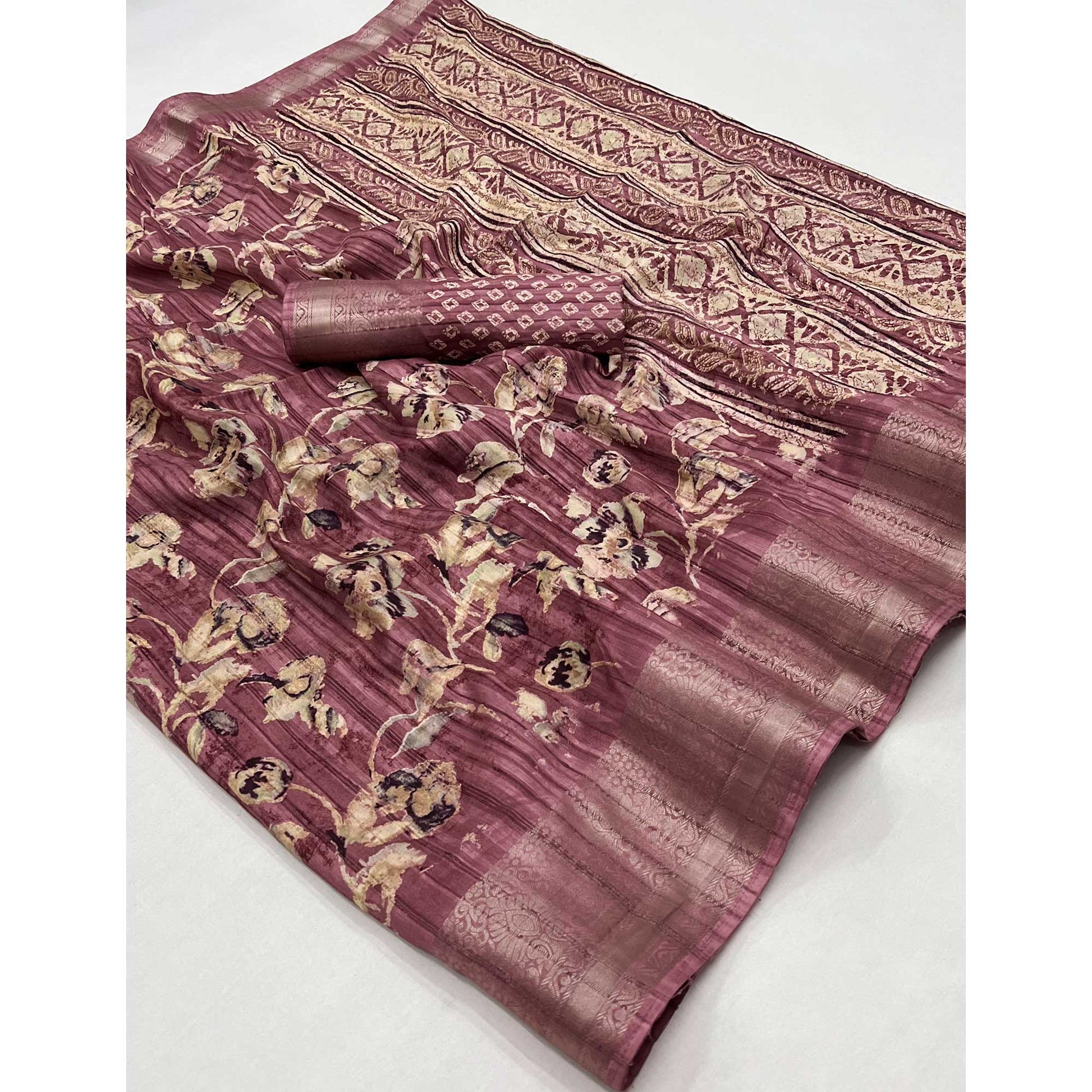 Mauve Printed With Woven Border Cotton Blend Saree