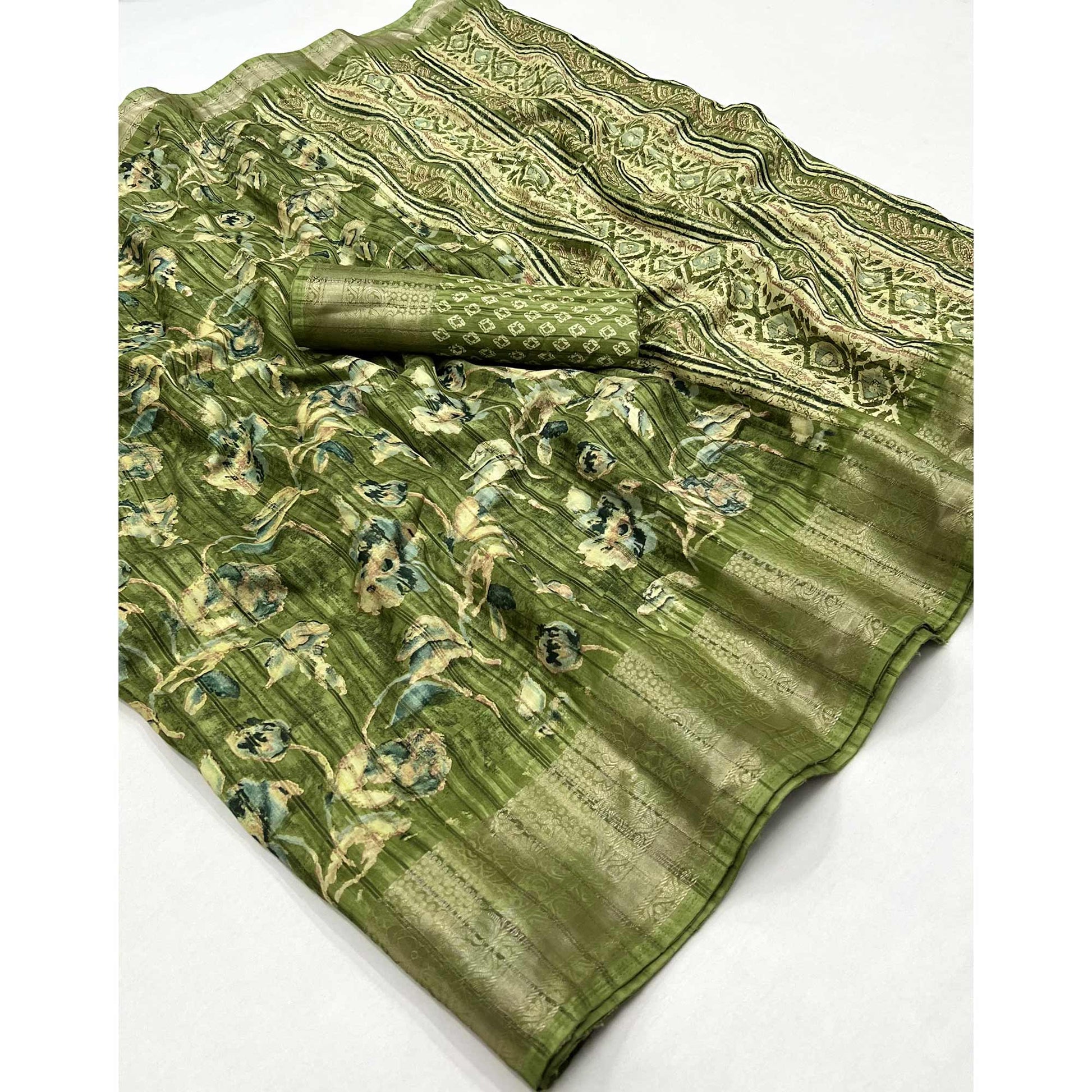 green-printed-with-woven-border-cotton-blend-saree