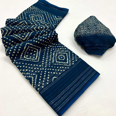 Blue Woven With Printed Linen Saree