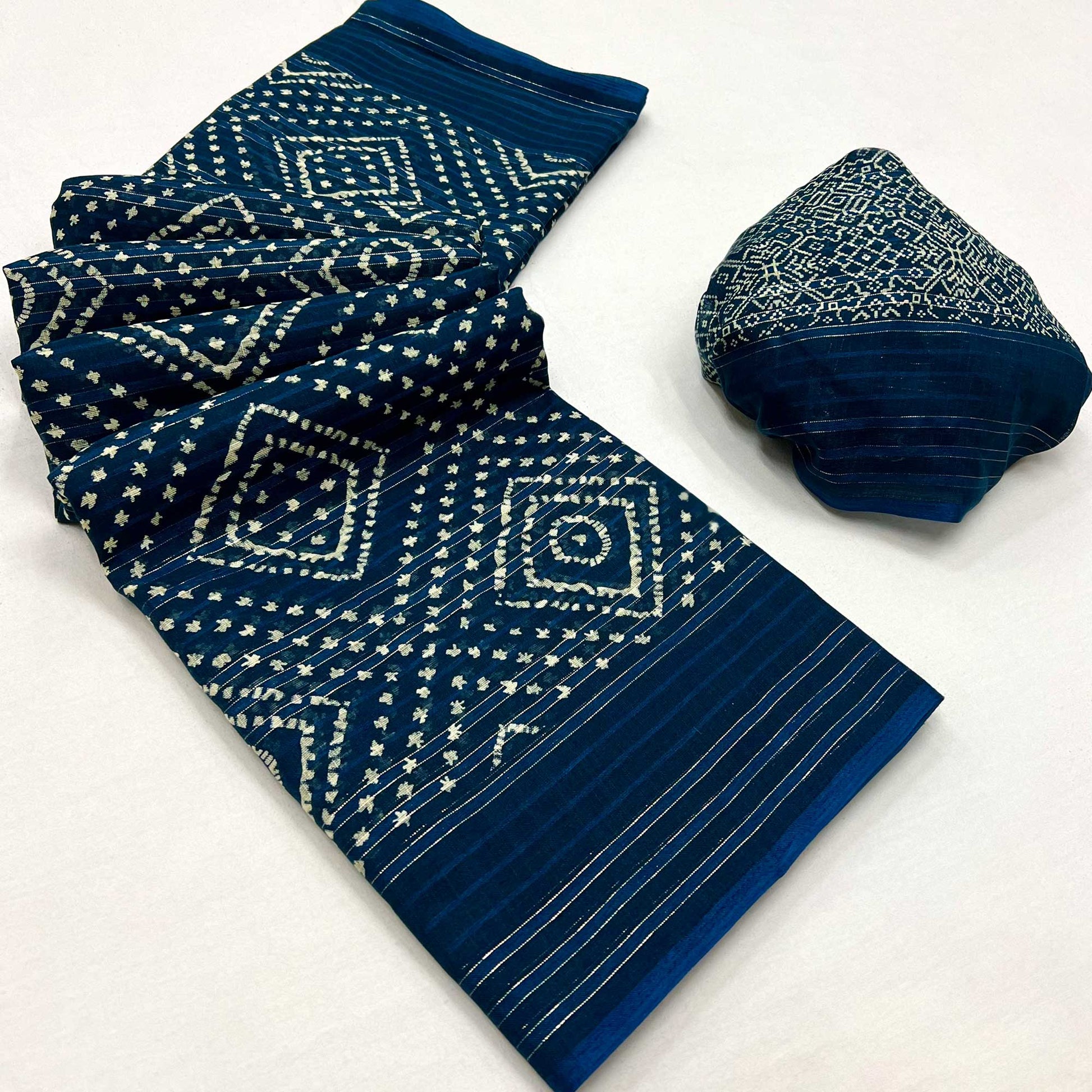 Blue Woven With Printed Linen Saree